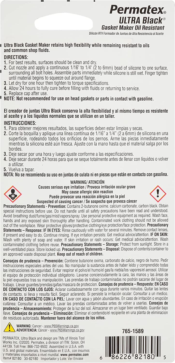 Permatex Ultra Black 82180 3.35Oz Silicone RTV Gasket Maker Pack of 6, Permatex Gasket Maker with Biodegradable Disposable Gloves Bundle(8 Items)