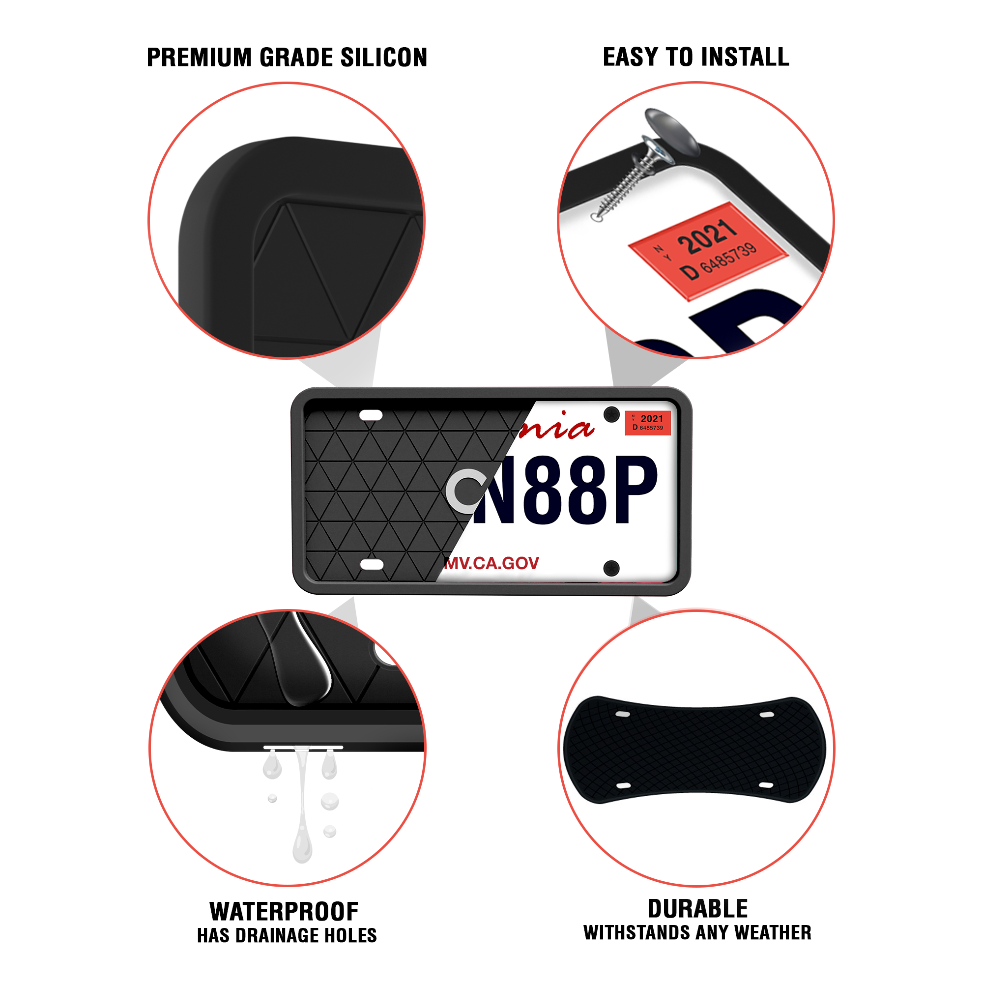 Black License Plate Frame - Protects from Scratches | No-Rattle Fit Silicone Cover for US Plates - 2pcs