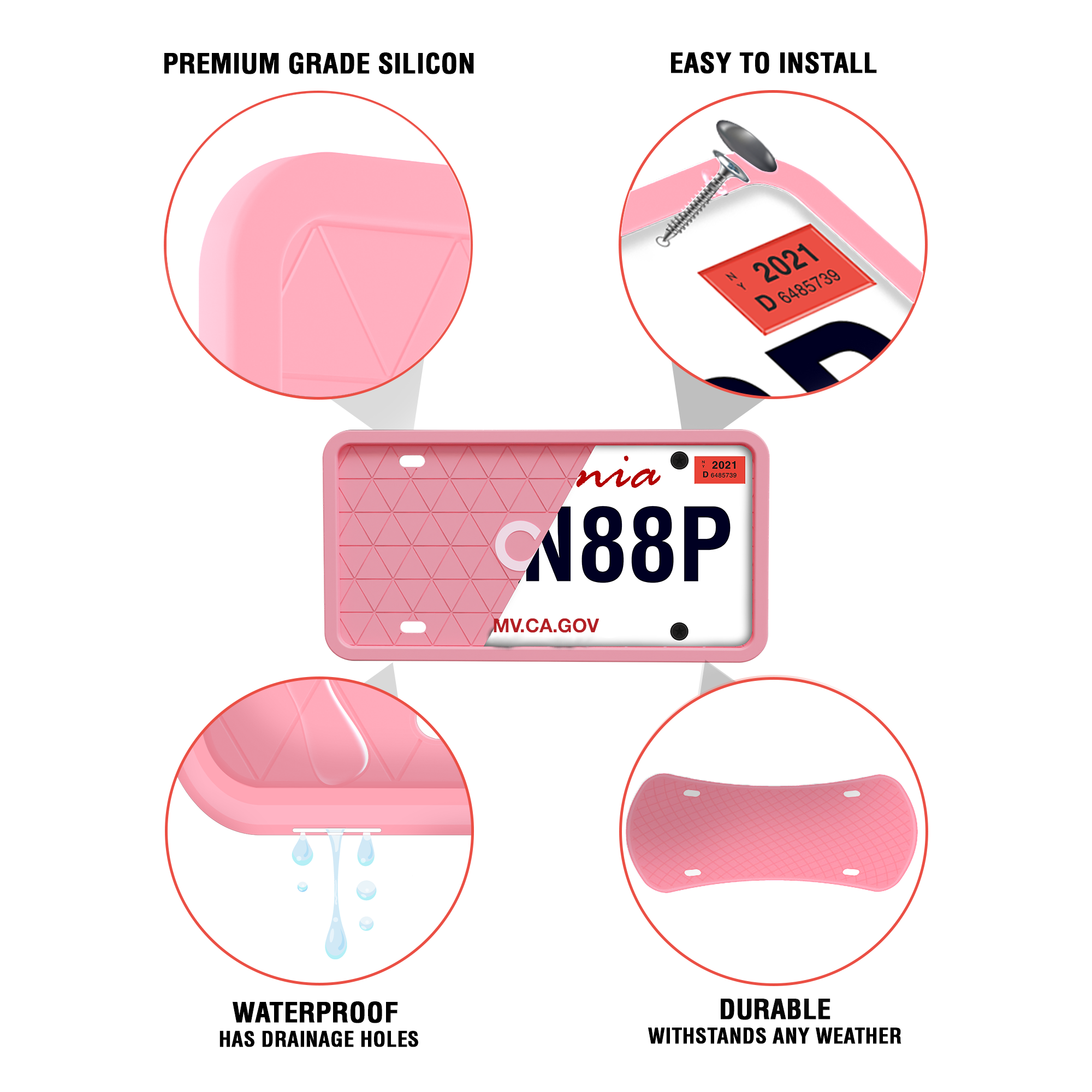 Pink License Plate Frame - Protects from Scratches | No-Rattle Fit Silicone Cover for US Plates - 2pcs