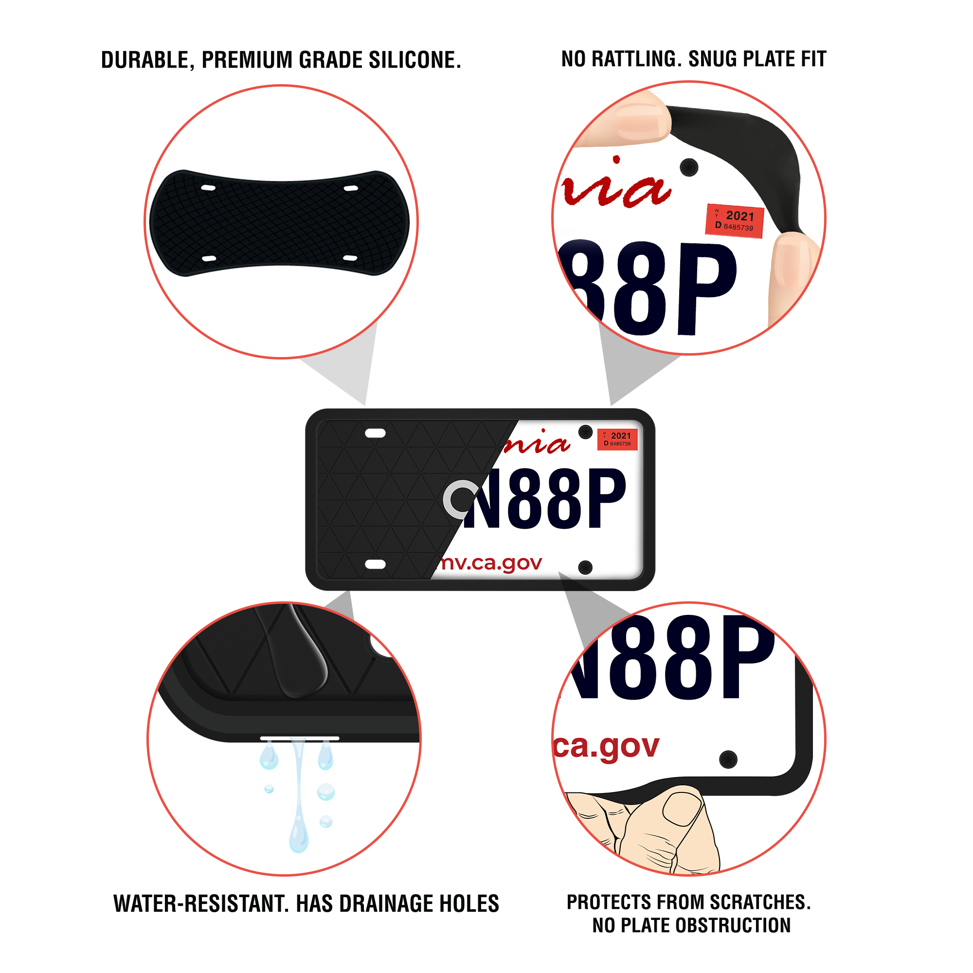 Black License Plate Frame - Protects from Scratches | No-Rattle Fit Silicone Cover for US Plates - 2pcs