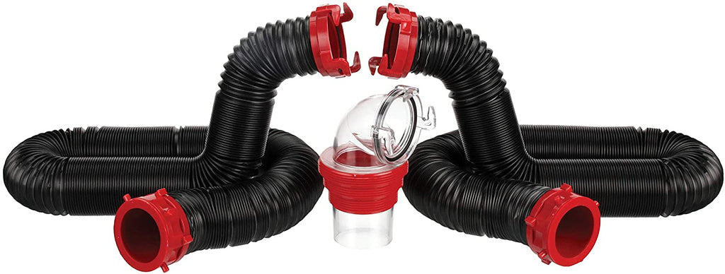 Valterra 20-Foot Universal RV Sewer Hose Kit: 2 Attachable 10ft Hoses with Rotating Fittings, 90 Degree Clearview Adaptor, 4 Drip Caps