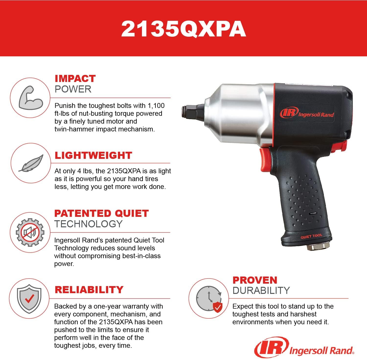Ingersoll Rand 2135QXPA 1/2" Air Impact Wrench, Quiet, 1100 ft-lb Torque, Friction Ring Retainer, Pistol