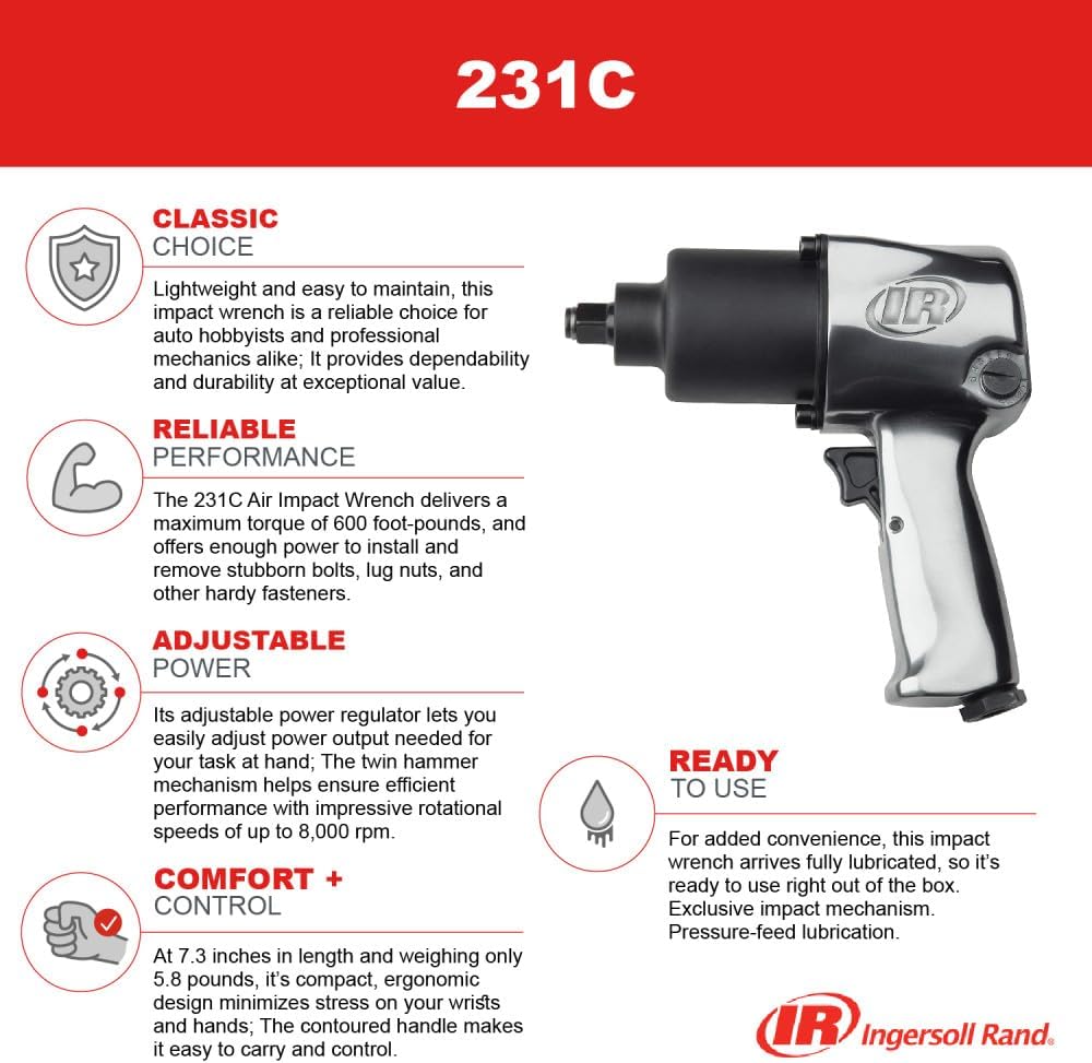Ingersoll Rand 231C 1/2" Air Impact Wrench, Super Duty, 600 ft-lb Torque, Friction Ring Retainer, Pistol