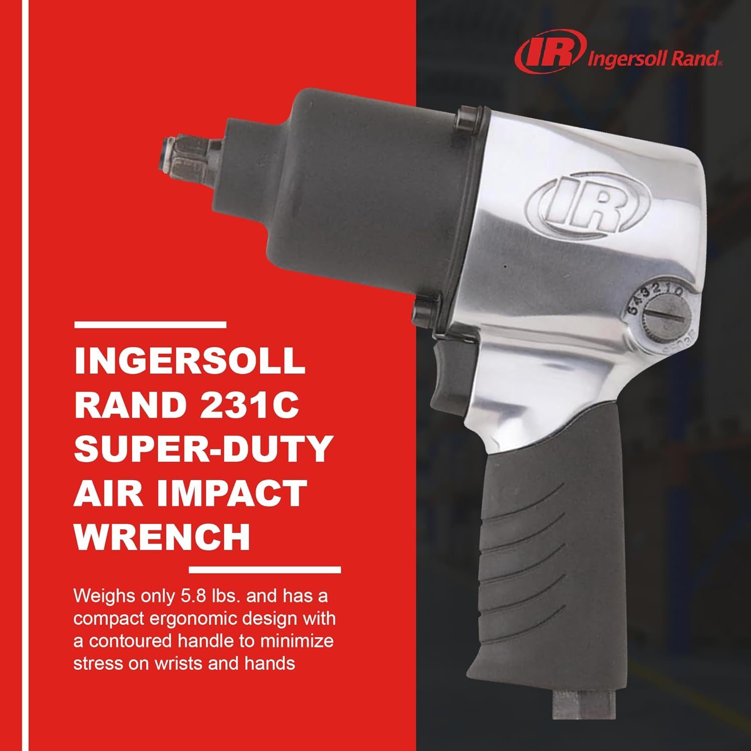 Ingersoll Rand 231C 1/2" Air Impact Wrench, Super Duty, 600 ft-lb Torque, Friction Ring Retainer, Pistol