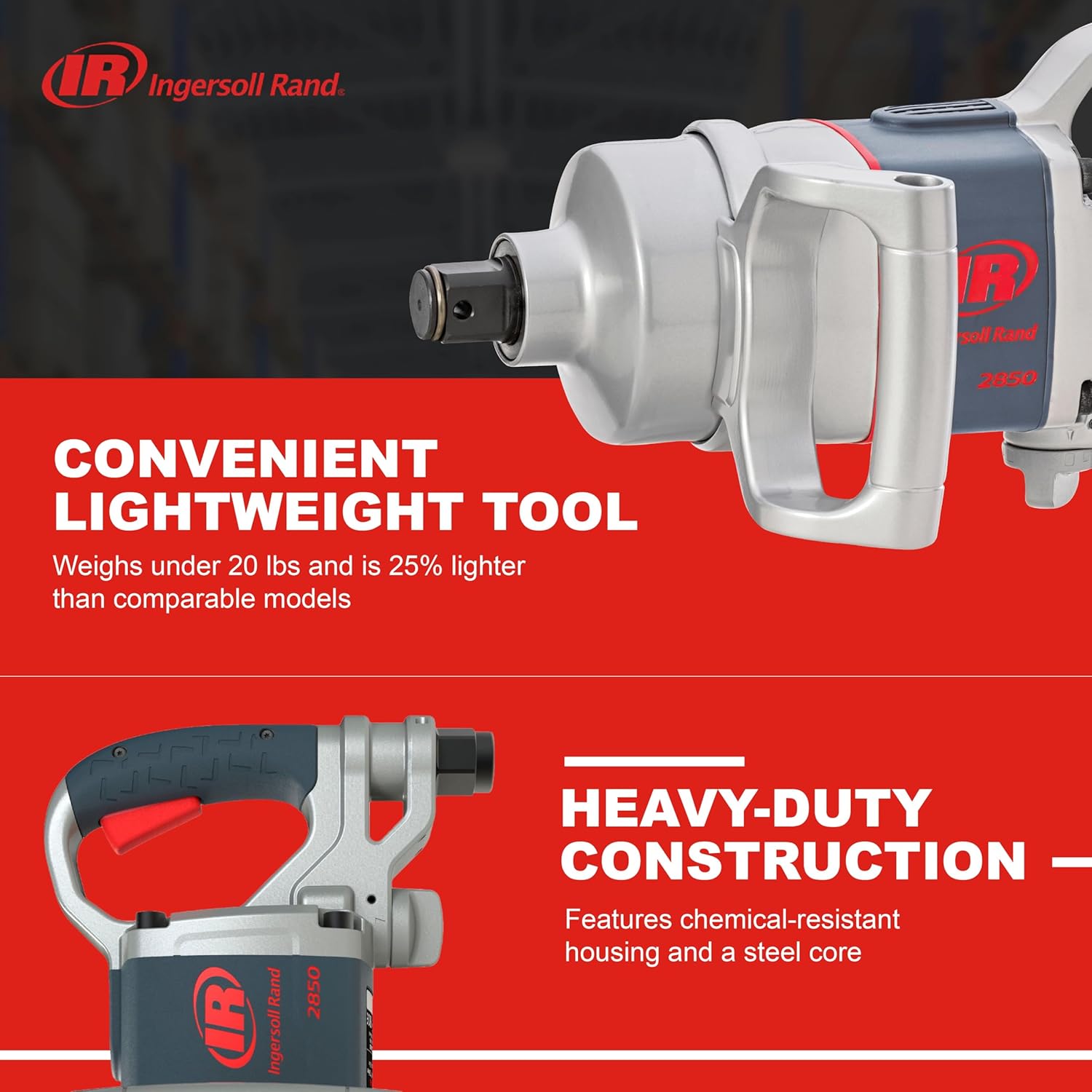 Ingersoll Rand 2850MAX 1" Air Impact Wrench, 2100 ft-lb Torque, Friction Ring-Thru-hole Retainer, D-handle Inside Trigger