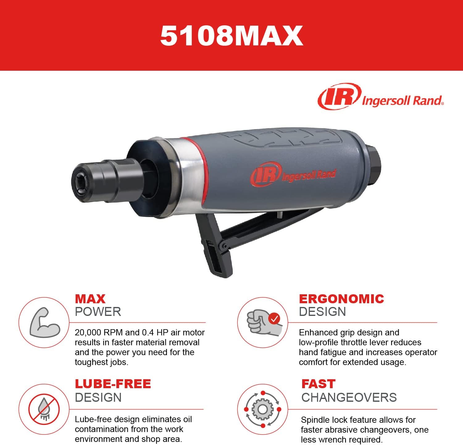 Ingersoll Rand 5108MAX Air Die Grinder, 25,000 RPM, 0.4 HP, 1/4" Collet, Rear Exhaust