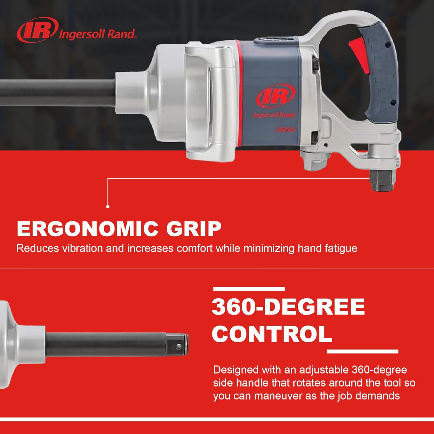 Ingersoll Rand 2850MAX-6 1" Air Impact Wrench, 6" Ext Anvil, 2100 ft-lb Torque, Friction Ring-Thru-hole Retainer, D-handle Inside Trigger