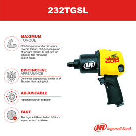 Ingersoll Rand 232TGSL 1/2" Air Impact Wrench, Super Duty, 625 ft-lb Torque, Friction Ring Retainer, Pistol