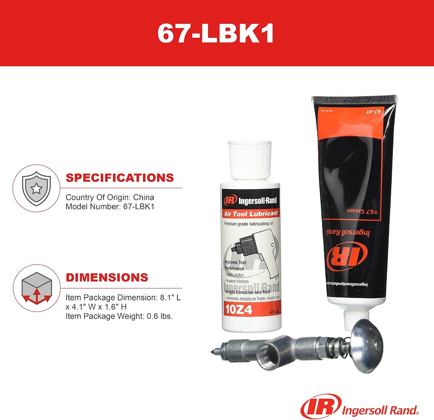 Ingersoll Rand 67-LBK1 Air Care Lubrication Kit for Ingersoll Rand Tools, includes 10Z4 Oil, 67 Grease and Grease Gun