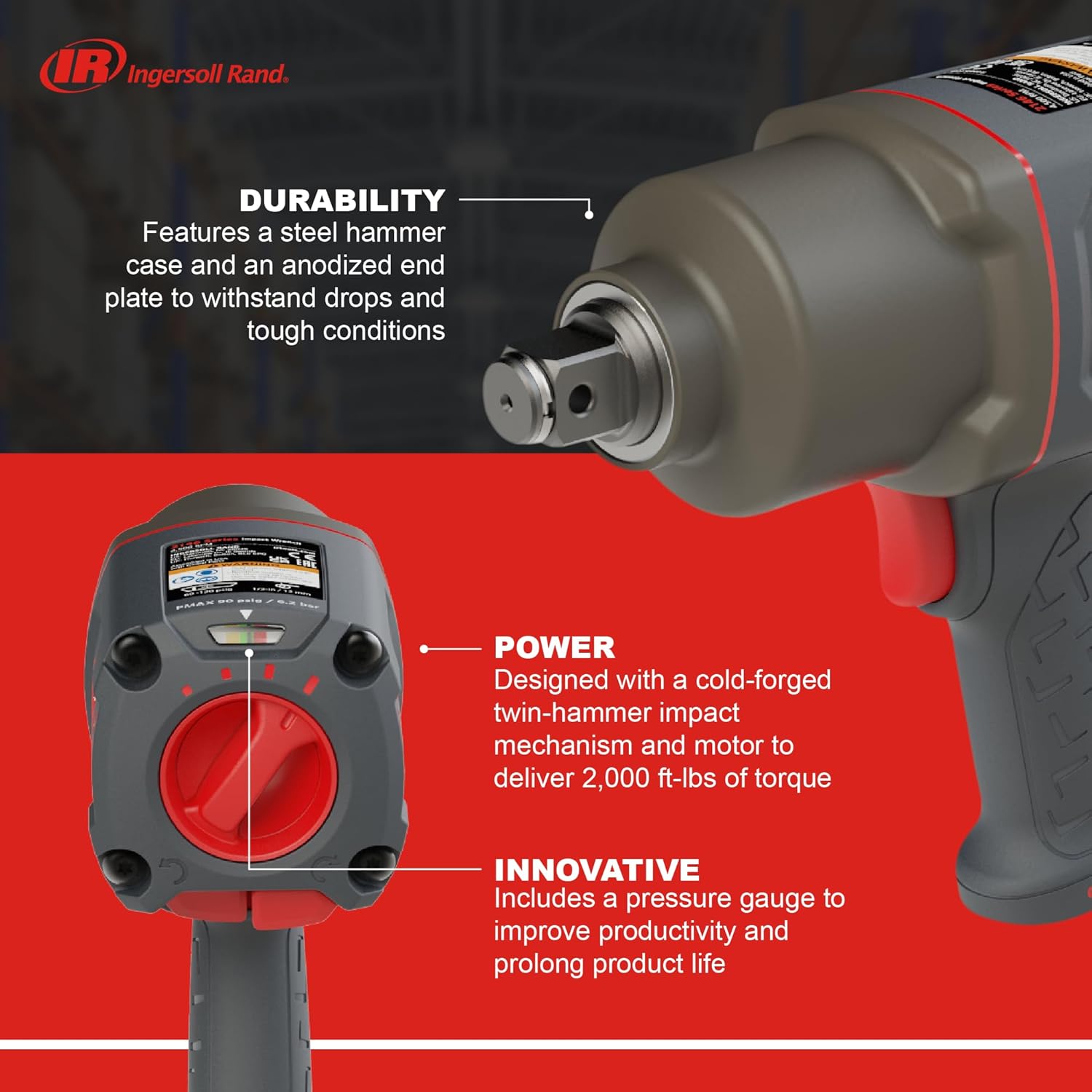 Ingersoll Rand 2146Q1MAX Air Impact Wrench 3/4", Quiet, 2000 ft-lb Torque, Friction Ring-Thru-hole Retainer, Pistol