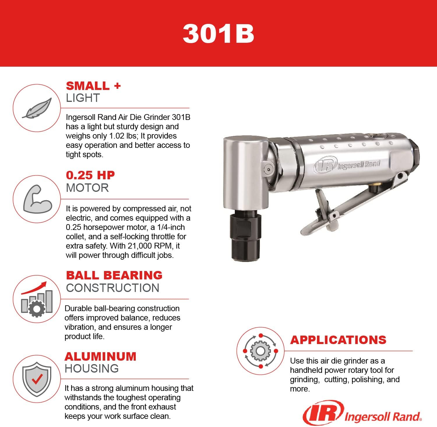 Ingersoll Rand 301BK Angle Air Die Grinder Stone Kit, 21,000 RPM, 0.25 HP, 1/4" Collet, Front Exhaust