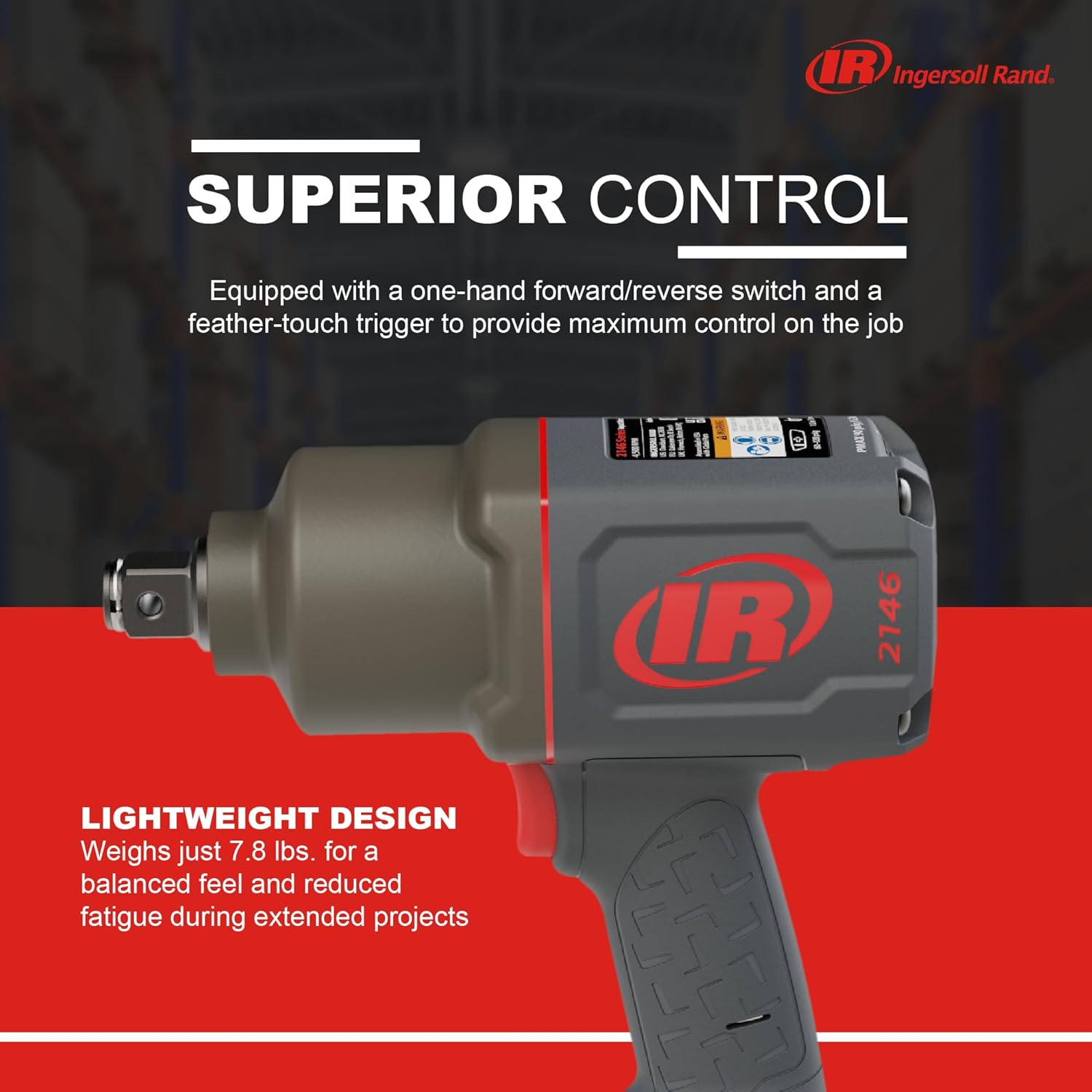 Ingersoll Rand 2146Q1MAX Air Impact Wrench 3/4", Quiet, 2000 ft-lb Torque, Friction Ring-Thru-hole Retainer, Pistol