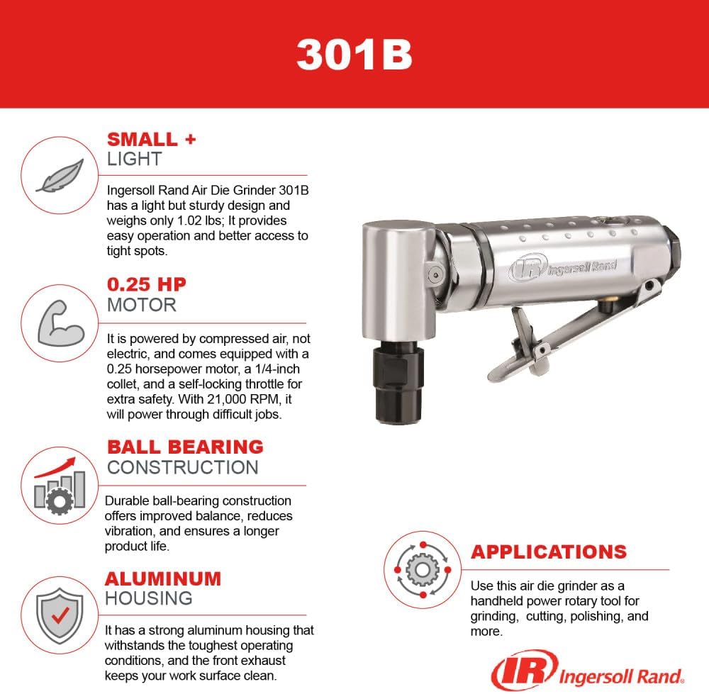 Ingersoll Rand 301B Angle Air Die Grinder, 21,000 RPM, 0.25 HP, 1/4" Collet, Front Exhaust