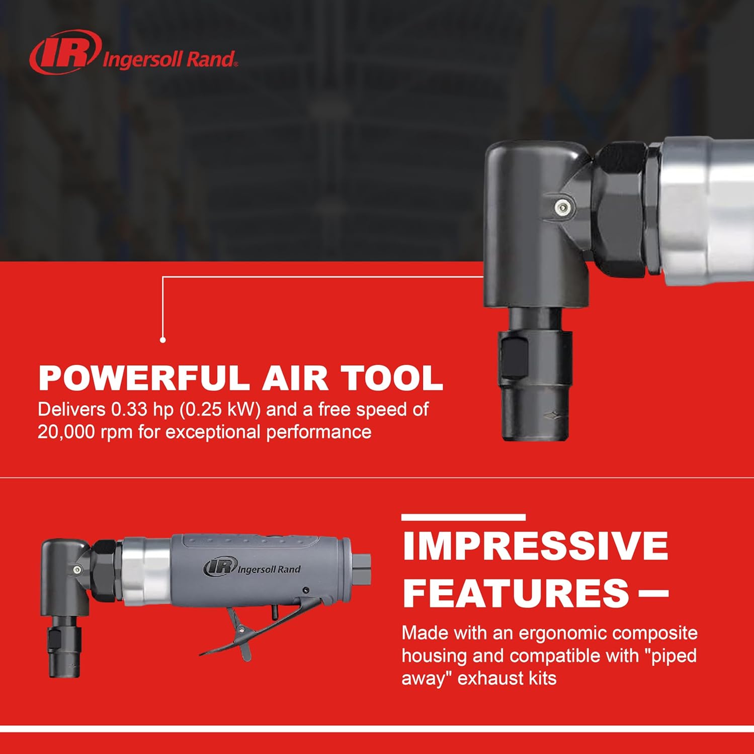 Ingersoll Rand 302B Angle Air Die Grinder, 20,000 RPM, 0.33 HP, 1/4" Collet, Rear Exhaust