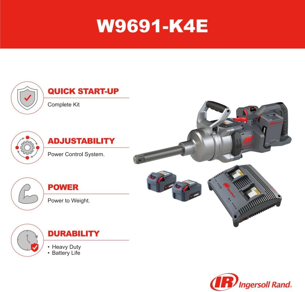 Ingersoll Rand W9691-K4E Cordless Impact Wrench (1" 20V) 4 Battery Kit, 6" Ext Anvil, 3000 ft-lb Torque, Friction Ring-Thru-hole Retainer, D-Handle