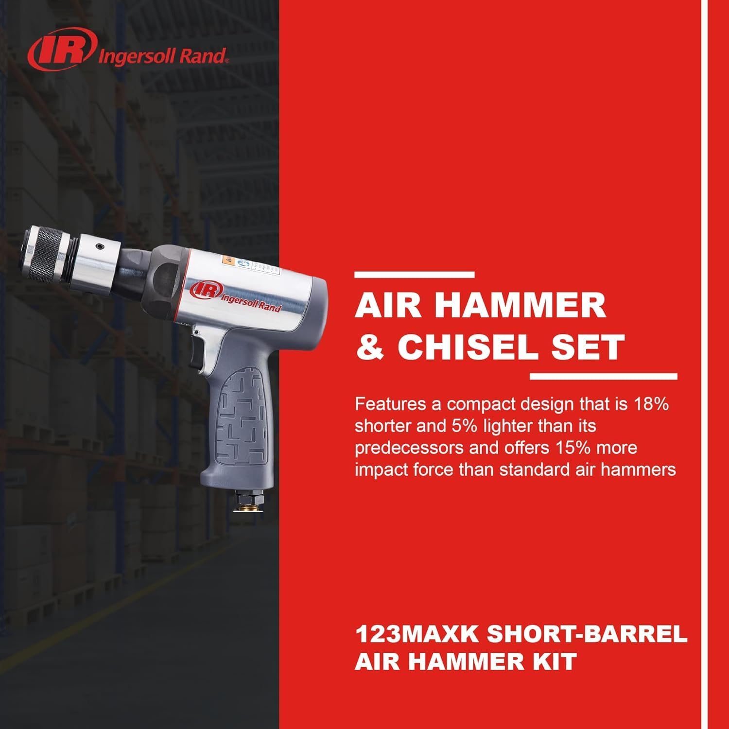 Ingersoll Rand 123MAXK Vibration Reduced Air Hammer 5-Piece Chisel Set, 3,530 BPM, 2-5/8" Stroke, Round Shank
