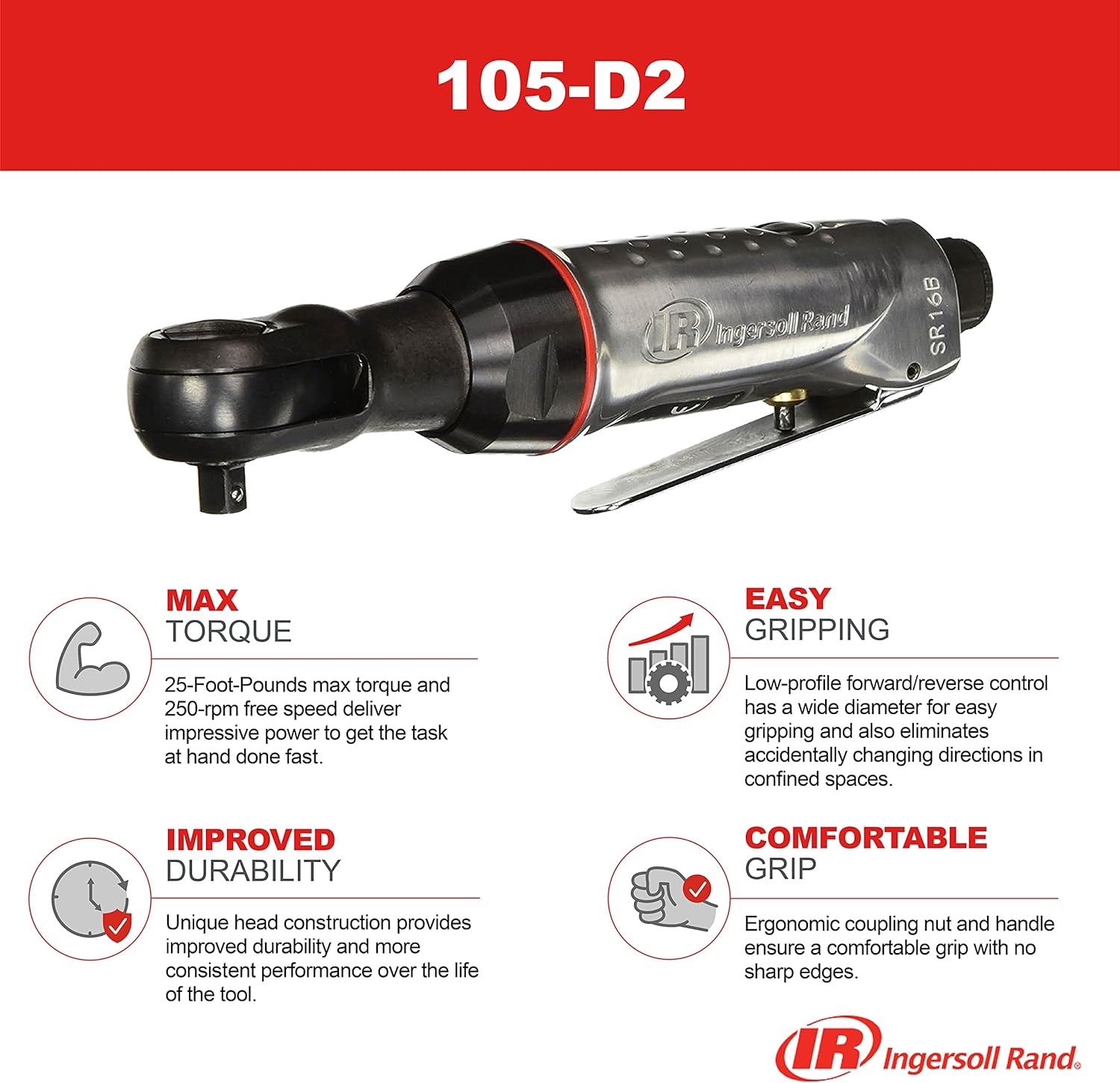 Ingersoll Rand 105-D2 1/4" Air Ratchet Wrench, 25 ft-lb Torque, 250 RPM