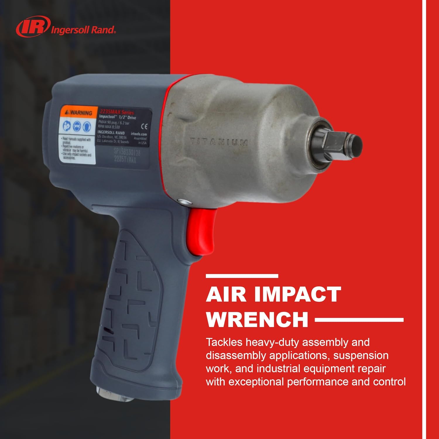 Ingersoll Rand 2235TIMAX 1/2" Air Impact Wrench, 1350 ft-lb Torque, Titanium Hammercase, Friction Ring Retainer, Pistol
