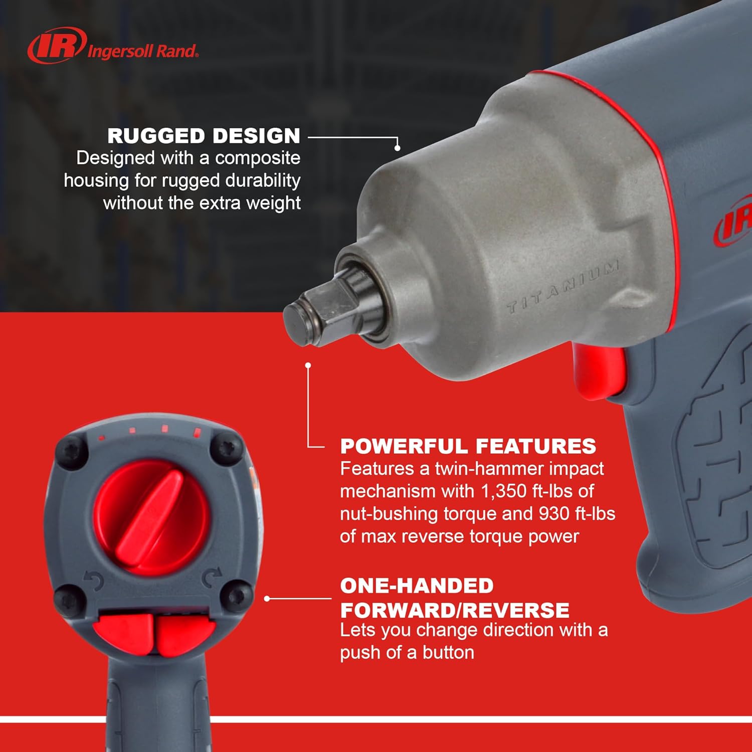 Ingersoll Rand 2235TIMAX 1/2" Air Impact Wrench, 1350 ft-lb Torque, Titanium Hammercase, Friction Ring Retainer, Pistol