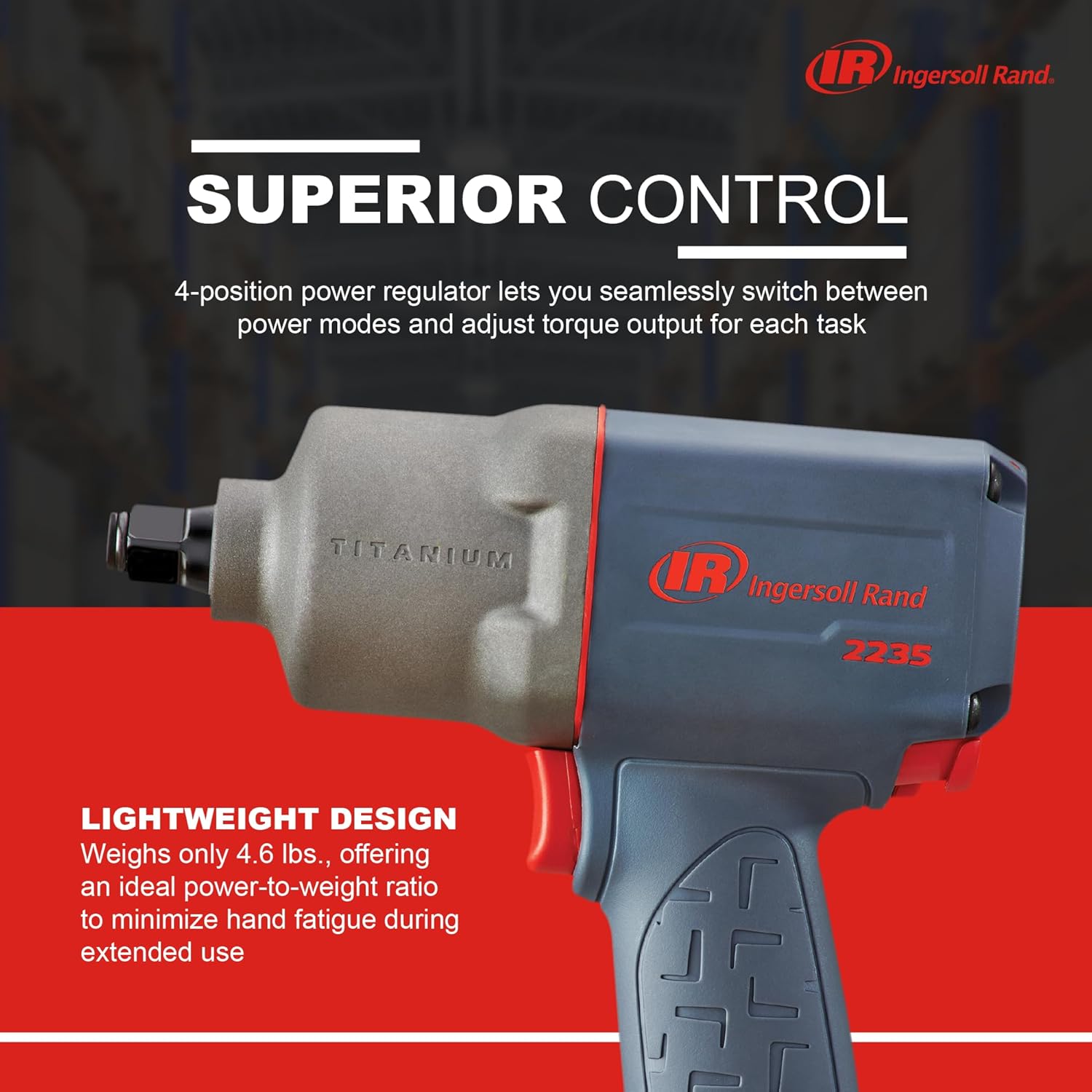 Ingersoll Rand 2235TIMAX 1/2" Air Impact Wrench, 1350 ft-lb Torque, Titanium Hammercase, Friction Ring Retainer, Pistol