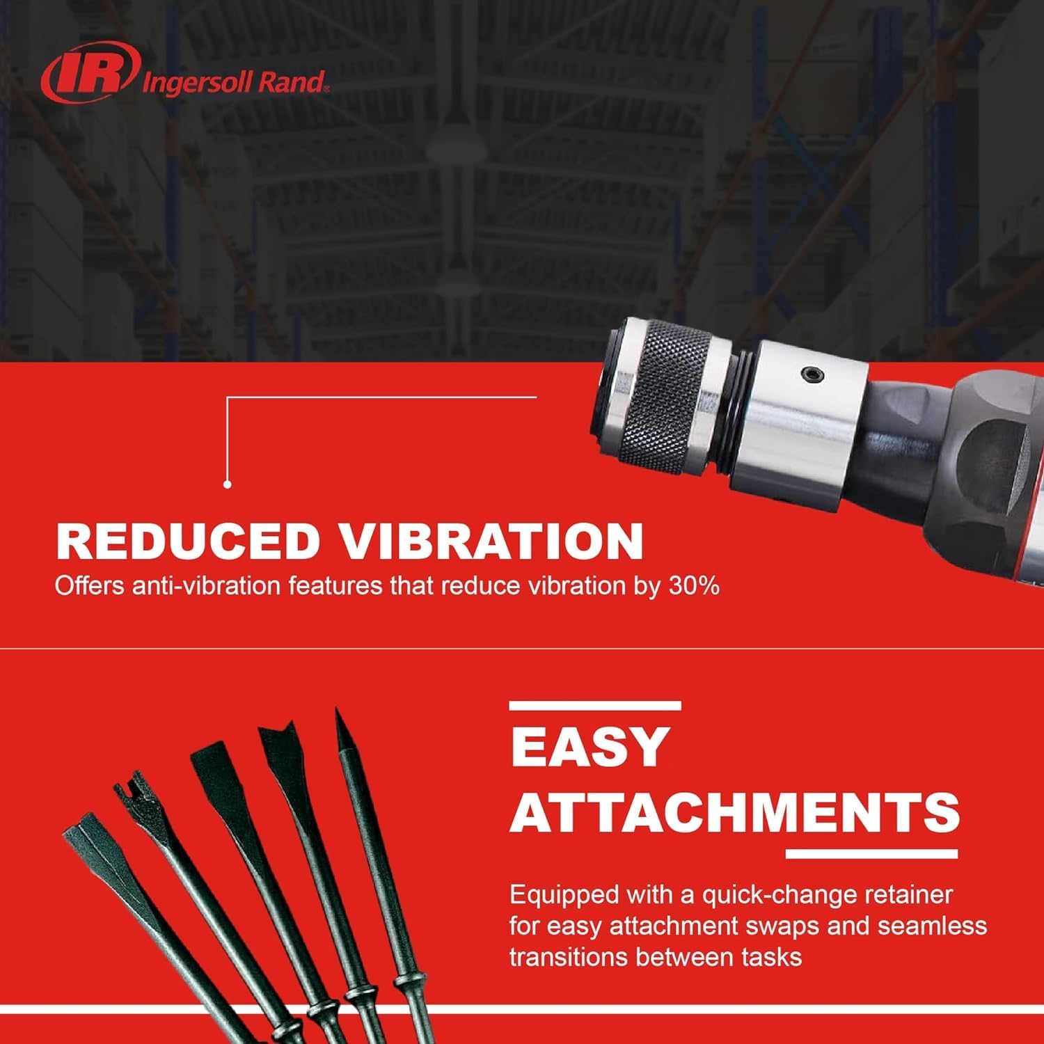 Ingersoll Rand 123MAXK Vibration Reduced Air Hammer 5-Piece Chisel Set, 3,530 BPM, 2-5/8" Stroke, Round Shank