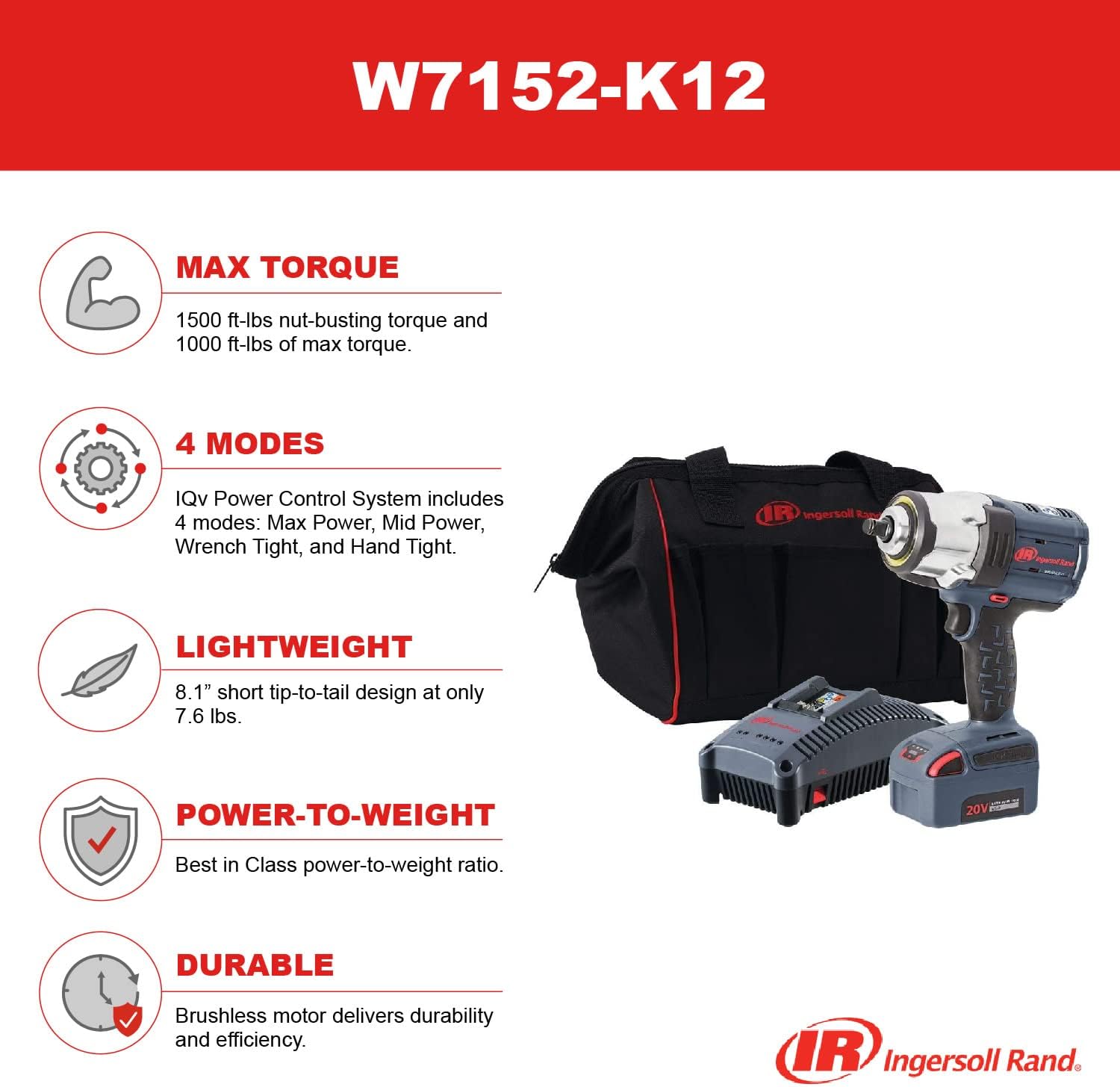 Ingersoll Rand W7152-K12 1/2" 20V Cordless Impact Wrench 1 Battery Kit, 1500 ft-lb Torque, Friction Ring Retainer, Pistol