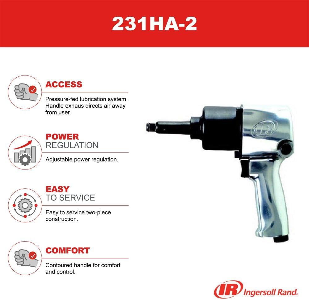 Ingersoll Rand 231HA-2 1/2" Air Impact Wrench, 2" Ext Anvil, Super Duty, 600 ft-lb Torque, Friction Ring Retainer, Pistol