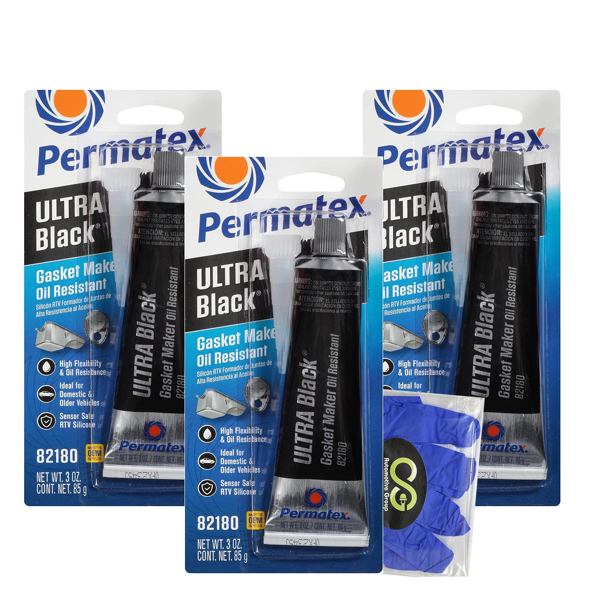 Permatex Silicone RTV Gasket Maker Ultra Black 82180 3.35Oz - Pack of 3 with Biodegradable Disposable Gloves Bundle (5 Items)