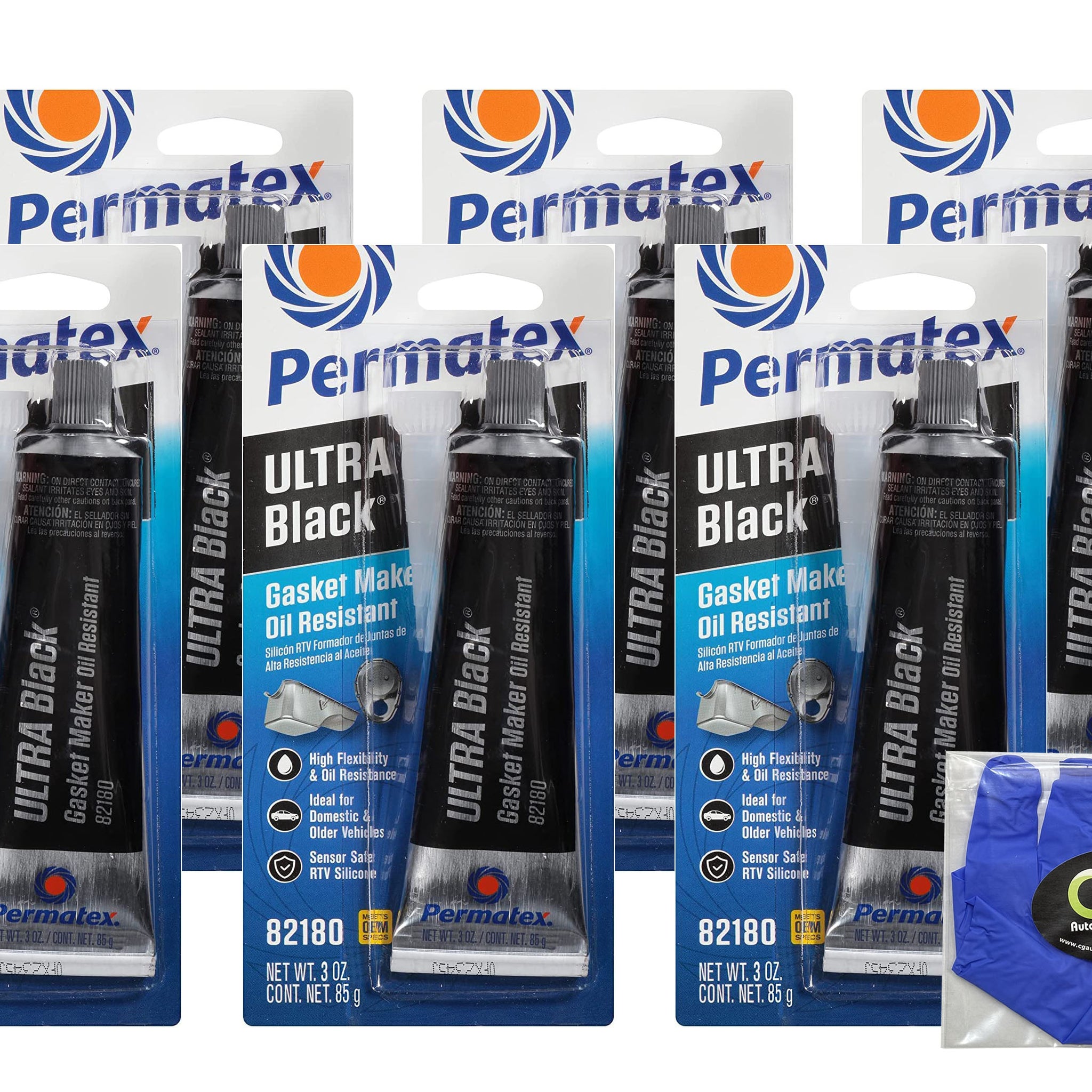 Permatex Ultra Black 82180 3.35Oz Silicone RTV Gasket Maker Pack of 6, Permatex Gasket Maker with Biodegradable Disposable Gloves Bundle(8 Items)