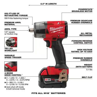 Milwaukee Tool M18 FUEL 1/2 " Mid-Torque Impact Wrench w/ Friction Ring Kit