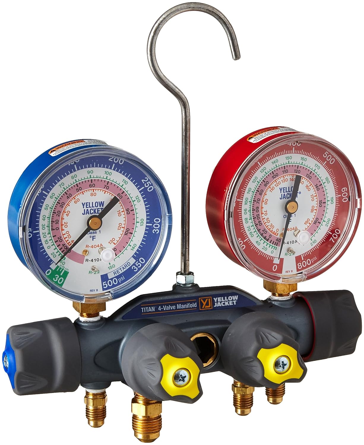Yellow Jacket 49963 Manifold Only Degrees F, psi Scale, R-22/404A/410A Refrigerant, Red/Blue Gauges