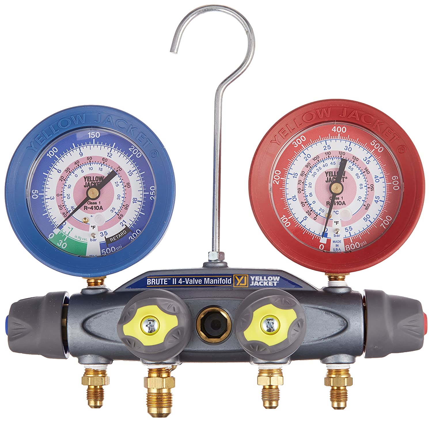Yellow Jacket 46010 Brute II 4-Valve Manifold with Red/Blue Gauges, bar/psi, R-22/404A/410A